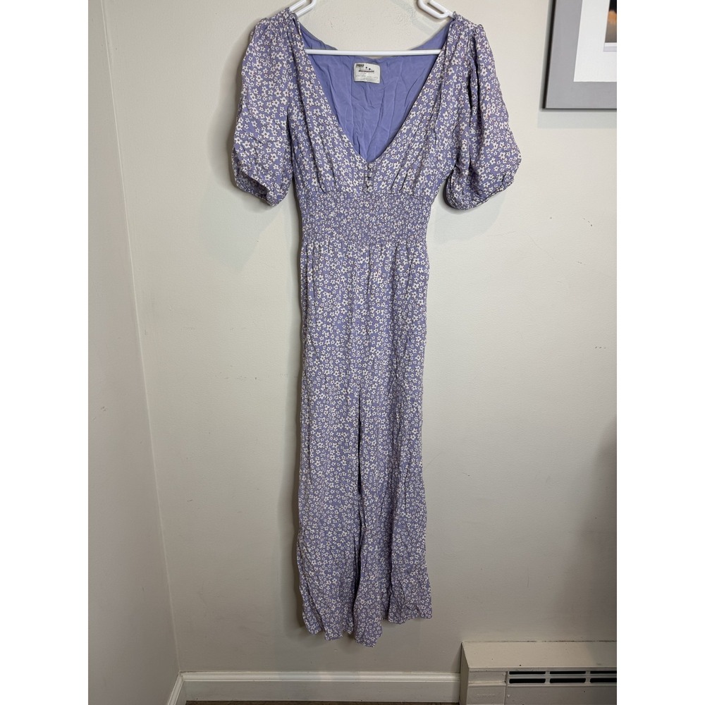 Auguste Jumpsuit Womens US 12 Purple Blue‎ Floral Puff Sleeve Wide Leg Casual